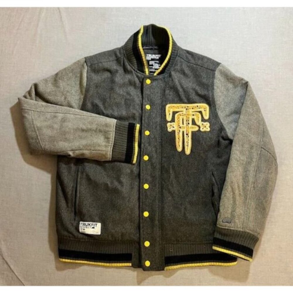 Trukfit Mob To The End Varsity Jacket Adult L Gray Zip Wool Long Sleeve Mens.